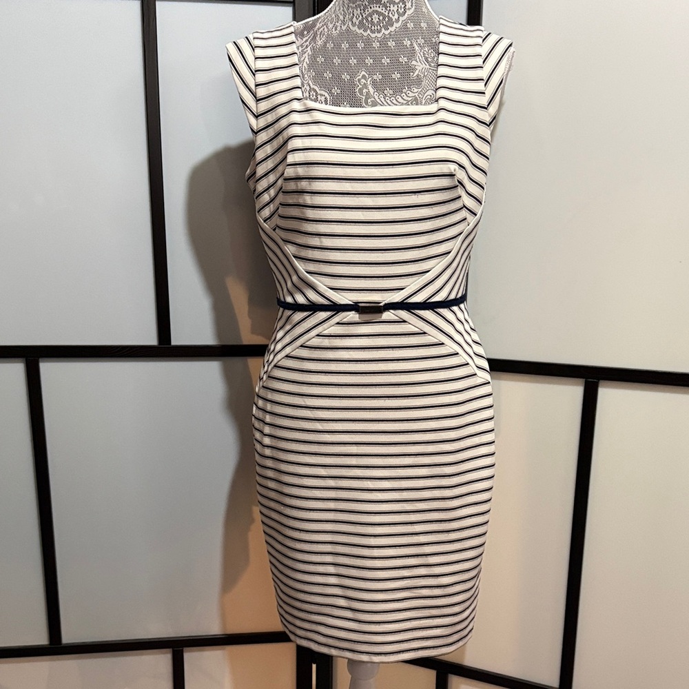 Ann Taylor Ivory Dress with Navy Stripes and Slim Navy Belt